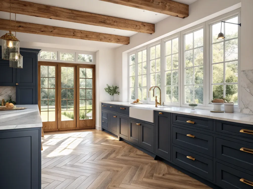 "Contemporary navy blue kitchen with brass hardware, marble countertops, gold pendant lights and white hydrangea centerpiece"