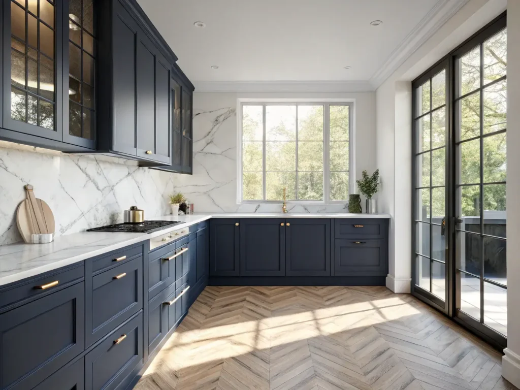 "Modern kitchen with navy blue cabinets, white quartz countertops, marble backsplash, and herringbone oak floors lit by natural sunlight"