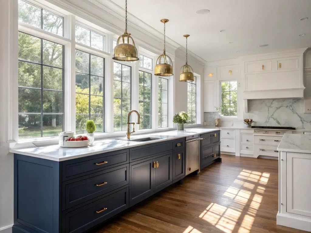 "Sunlit modern kitchen with navy and white cabinets, marble countertops, and brass hardware"
