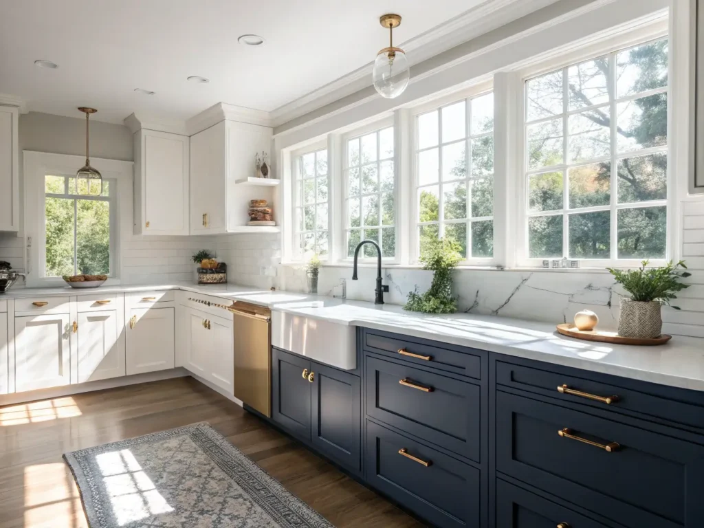 "Sunlit modern kitchen interior with white and navy blue cabinets, brass hardware, and marble countertops"