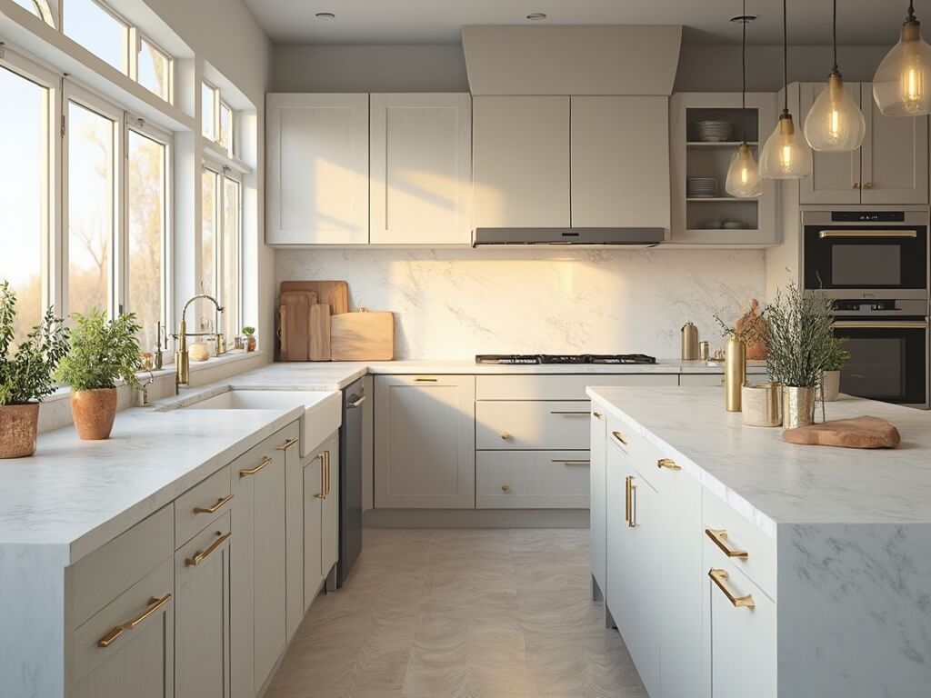 "Modern spacious kitchen with light gray Shaker-style cabinets, Carrara marble countertops, minimalist decor and natural light filtering through floor-to-ceiling windows"