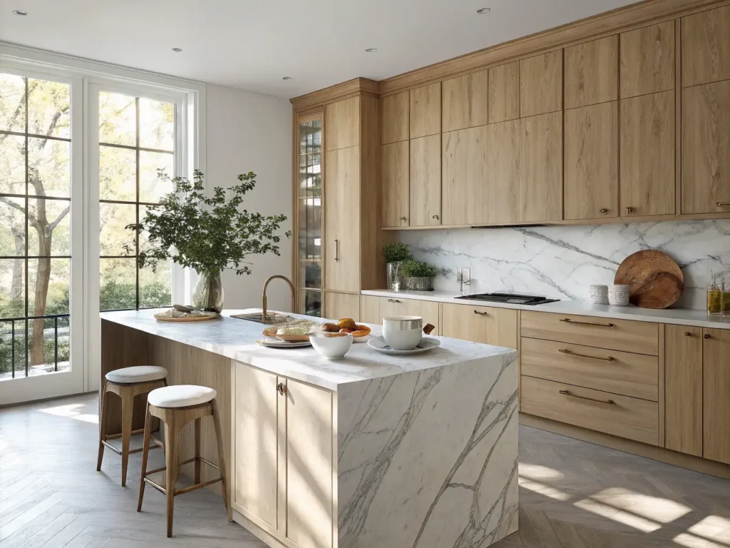 "Modern white oak kitchen with marble island, brass hardware, and sunlit interior filled with copper cookware and ceramic dinnerware"
