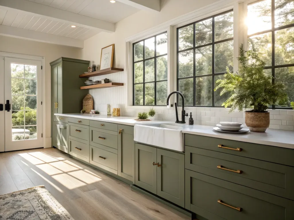 "Sunlit modern kitchen with olive green cabinets, white quartz countertops, black fixtures, brass hardware, and white oak flooring; decorated with a small potted herb garden and ceramic vessels"