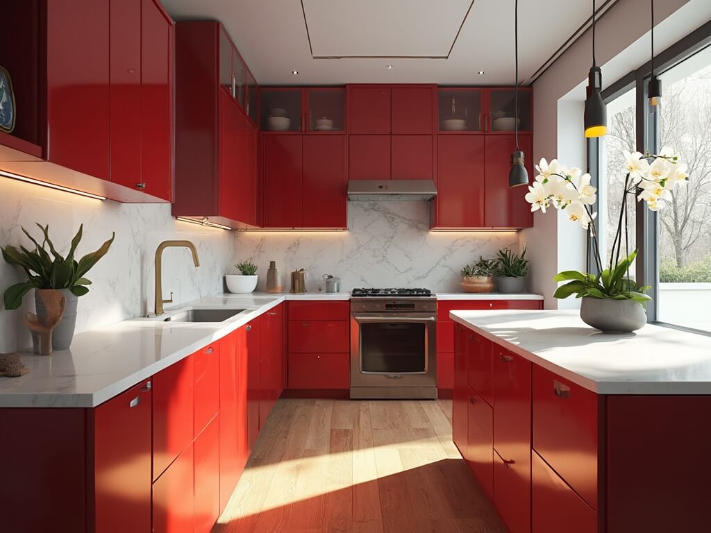 "Modern red kitchen interior with high-gloss cabinets, white quartz countertops, stainless steel appliances, and natural sunlight"