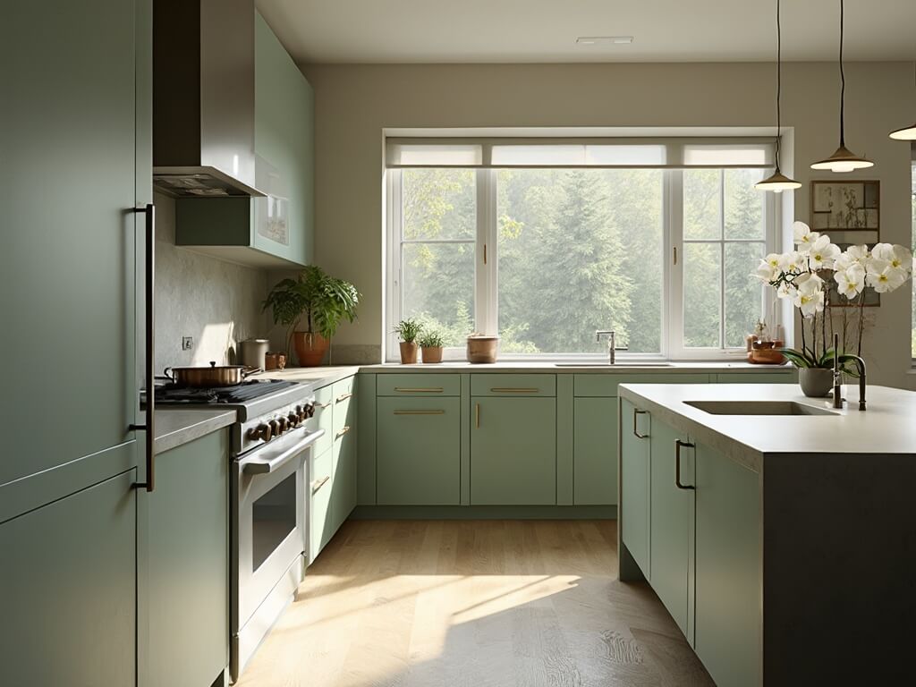 "Modern sage green kitchen with concrete countertops, stainless steel appliances, and minimalist design in morning light"