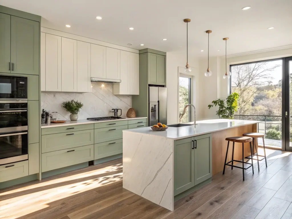 "Modern minimalist kitchen with sage green and beige cabinets, white quartz waterfall island, stainless steel appliances, and sunlit floor-to-ceiling windows"
