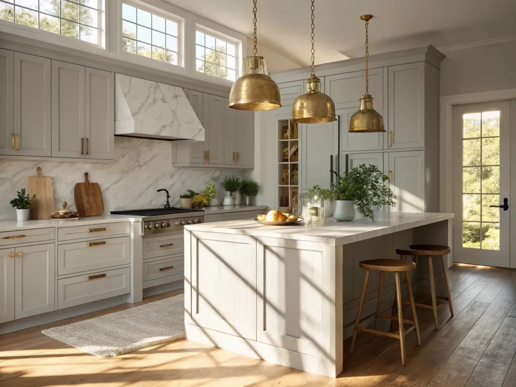 "Modern light gray kitchen with marble countertops, brass hardware, and sunlit interior"