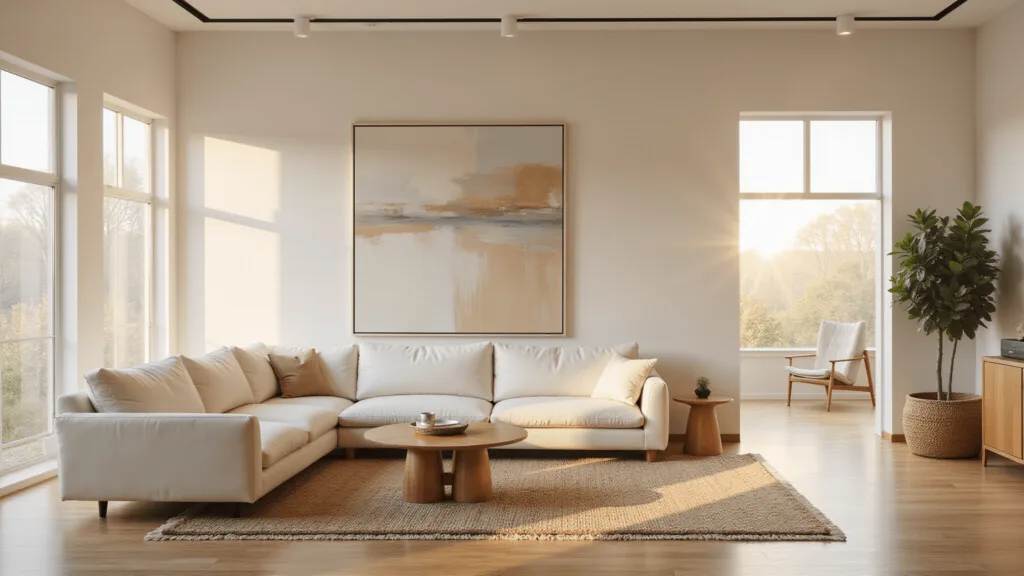 "Sunlit modern living room with cream sectional sofa, abstract art, oak floors, and minimalist brass accents"