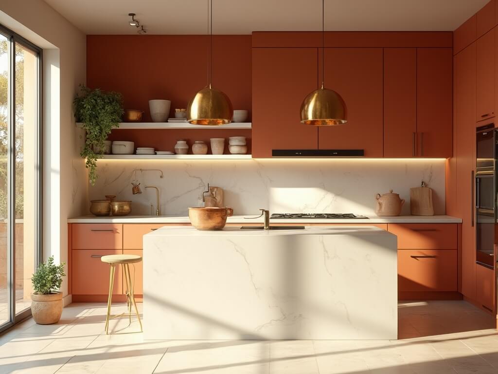 "Sun-drenched modern kitchen with terracotta cabinets, white quartz island, and Mediterranean decor in warm golden hour lighting"