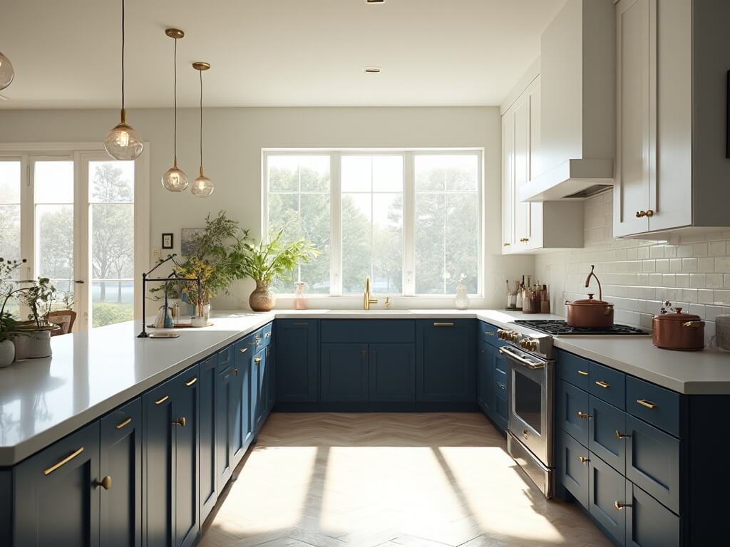 "Modern two-toned kitchen with navy blue and white cabinets, white quartz island, and herringbone oak floors illuminated by natural morning light"