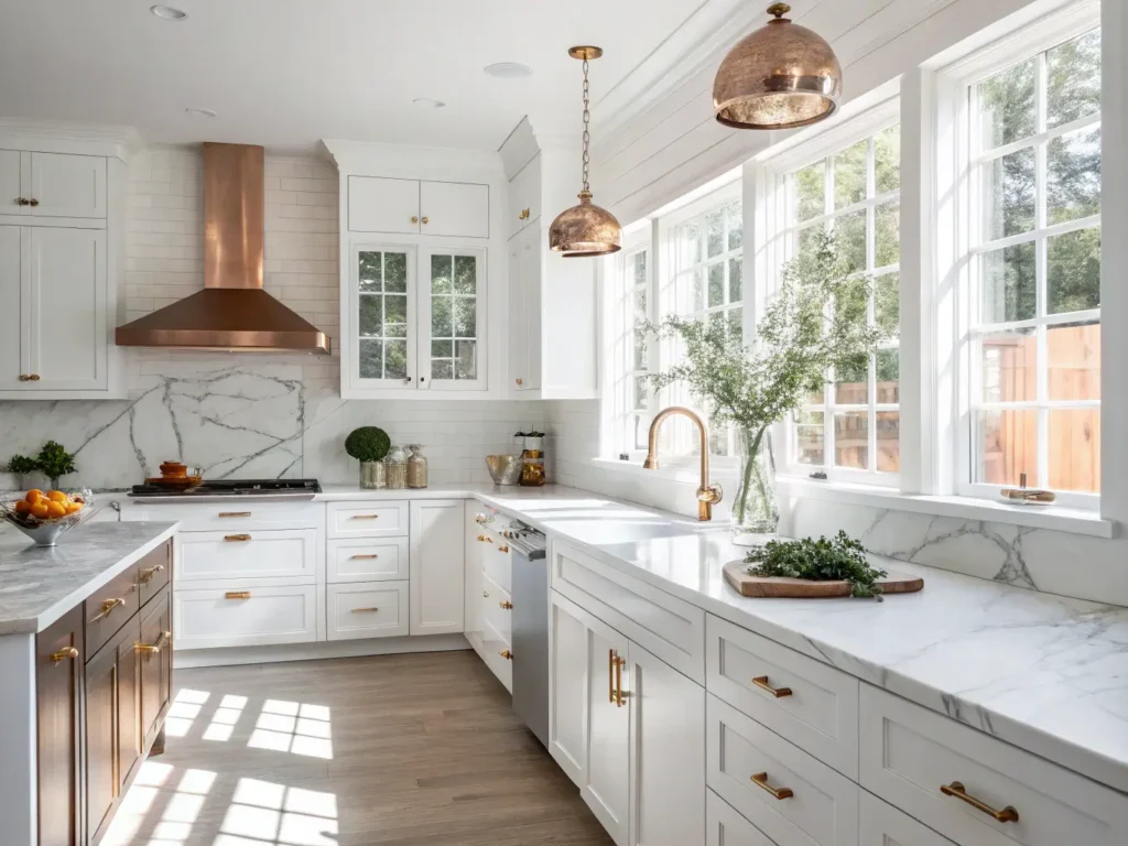 "Modern airy kitchen with white shaker cabinets, marble countertops, copper accents and fresh eucalyptus in natural light"