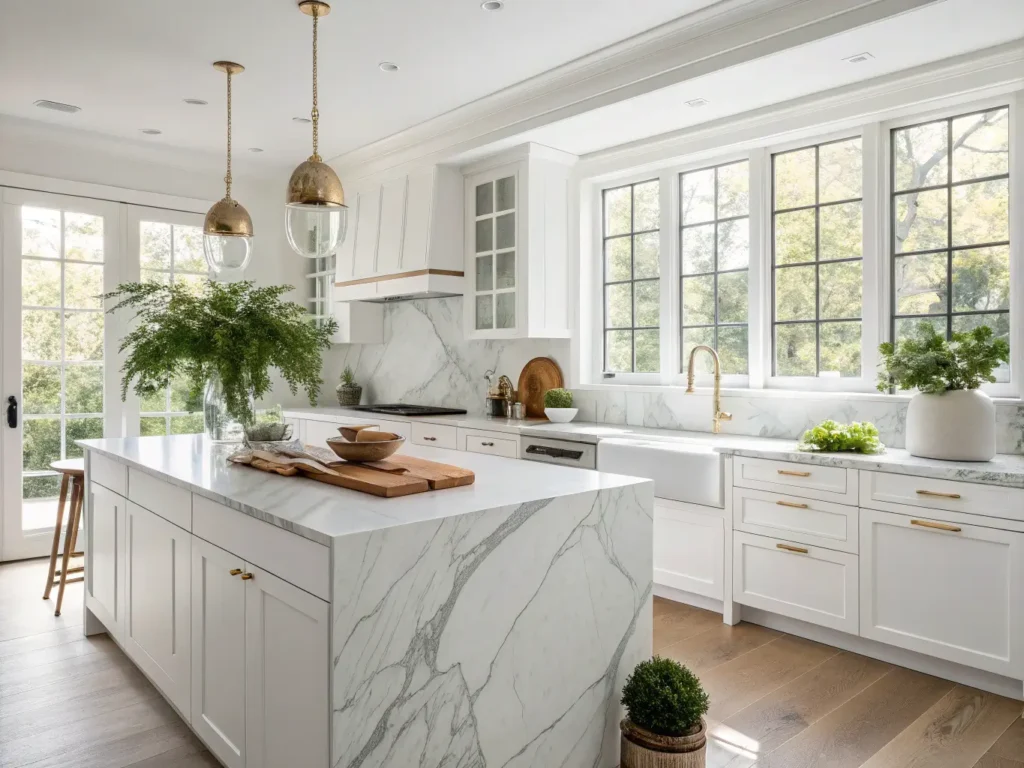 "Modern white kitchen with marble waterfall island, floor-to-ceiling windows, and minimalist brass hardware"