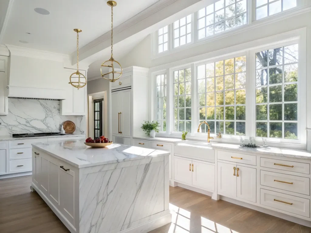 "Modern white kitchen with marble island and brass accents in natural sunlight"
