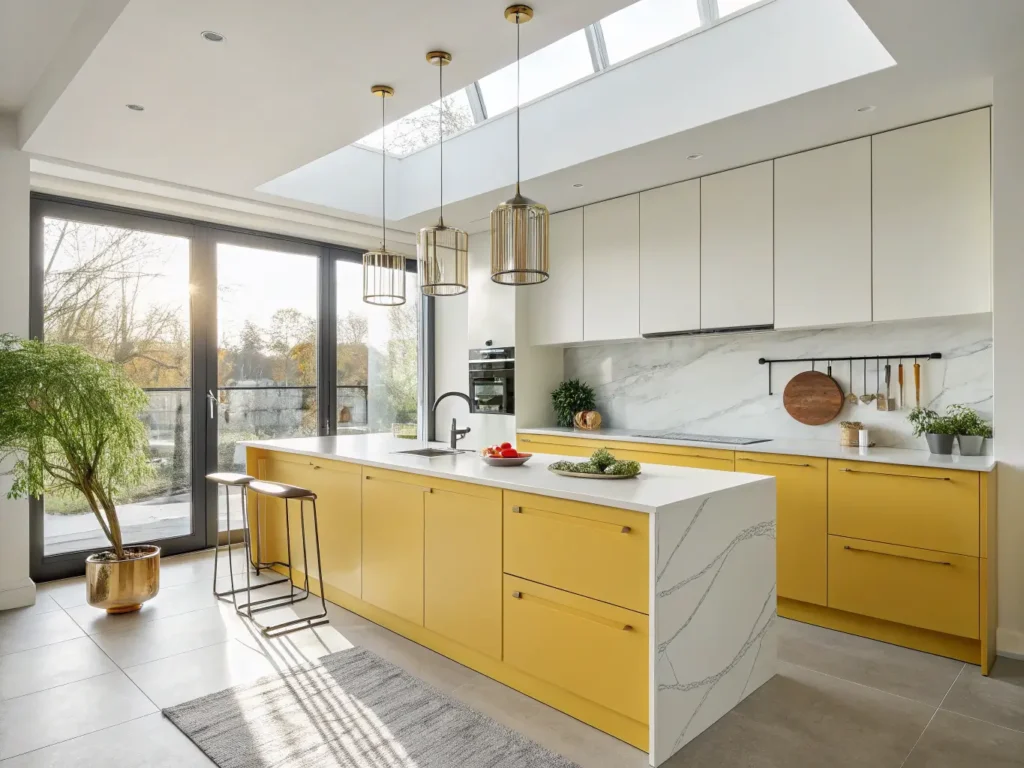 "Sunshine yellow modern kitchen with white quartz countertops and copper accessories bathed in golden hour light"