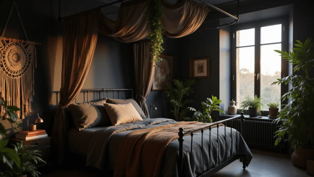 "Moody black bedroom with dramatic shadows, featuring a wrought iron canopy bed, vintage brass light fixtures, and macramé wall hangings bathed in warm golden light"