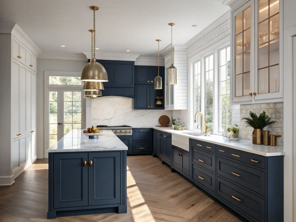 "Modern navy blue kitchen with brass hardware, white marble countertops, oak flooring, bathed in soft morning light"