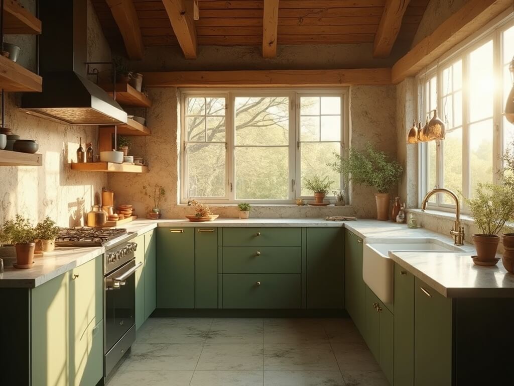 "Sophisticated olive green kitchen with rustic modern accents in golden hour sunlight."