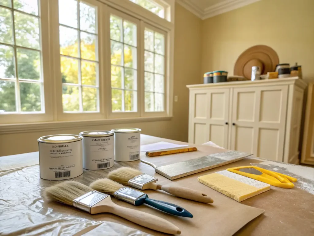 "Organized painting workspace with tools, primer cans, and partially painted cabinet doors under natural sunlight"