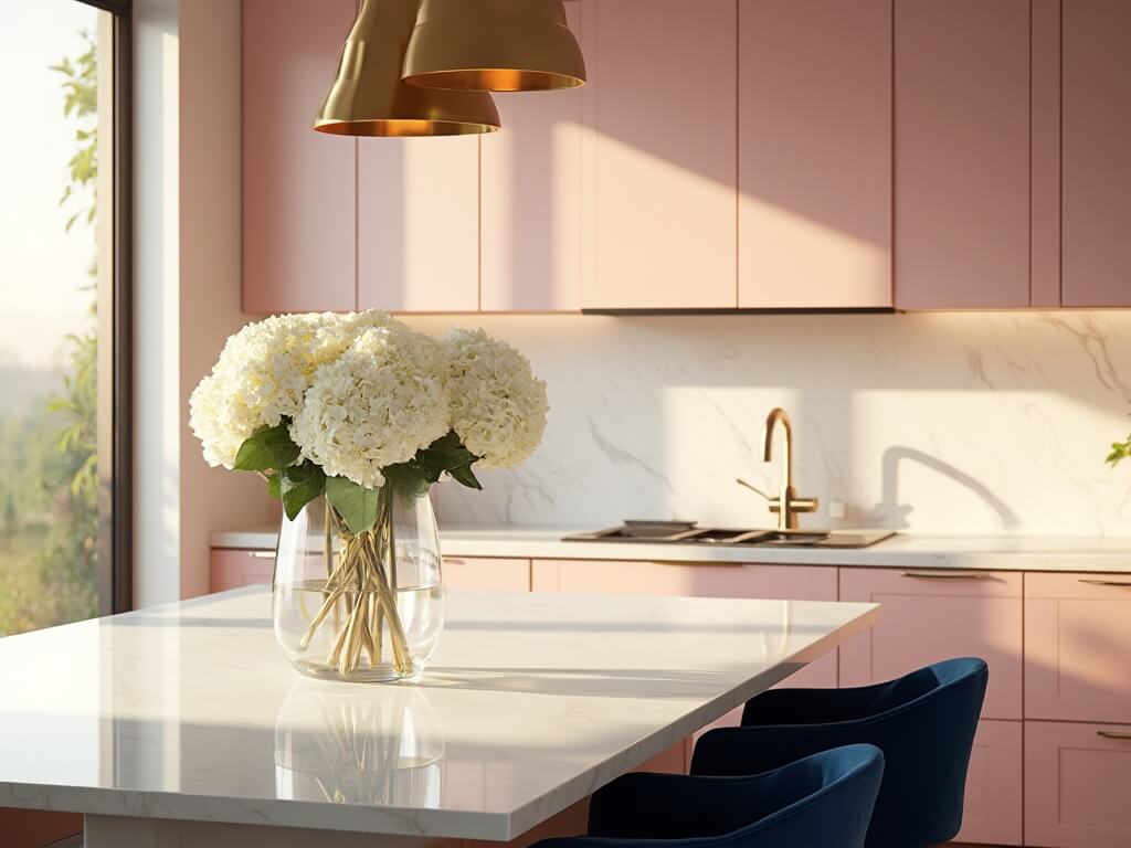 "Luxurious contemporary kitchen with blush pink cabinets, white quartz countertops, Calacatta marble island, and navy blue velvet barstools"