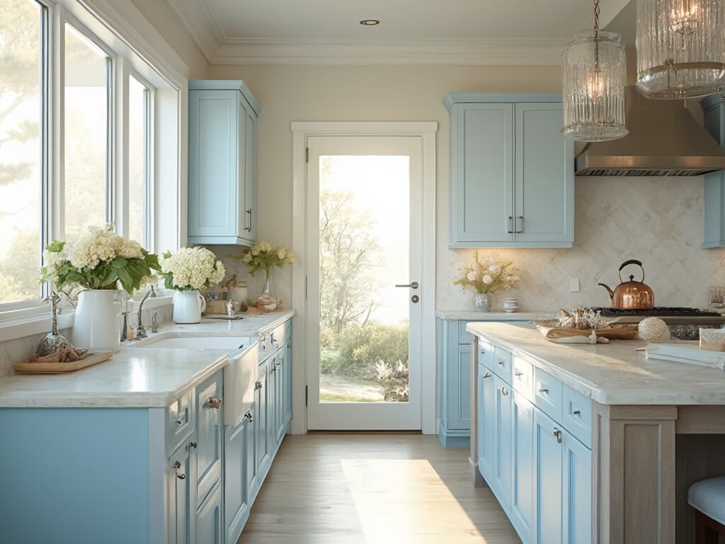 "Modern, sunlit kitchen with powder blue Shaker-style cabinets, white marble countertops, and a weathered oak island, featuring fresh hydrangeas and seaside accents."