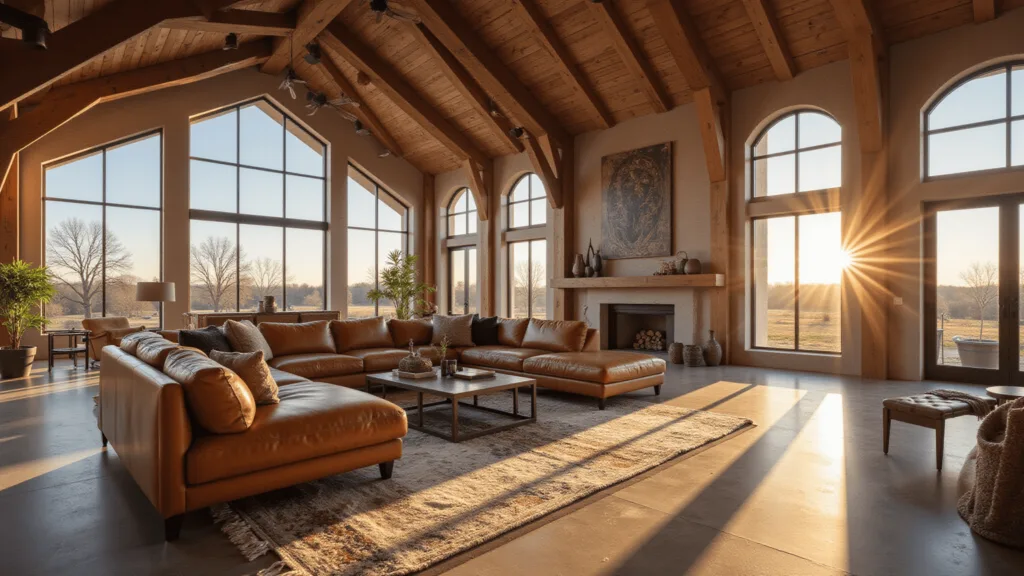 "Rustic-modern barndominium living room with 20-foot ceilings, exposed wooden beams, floor-to-ceiling windows, and leather furniture during golden hour."