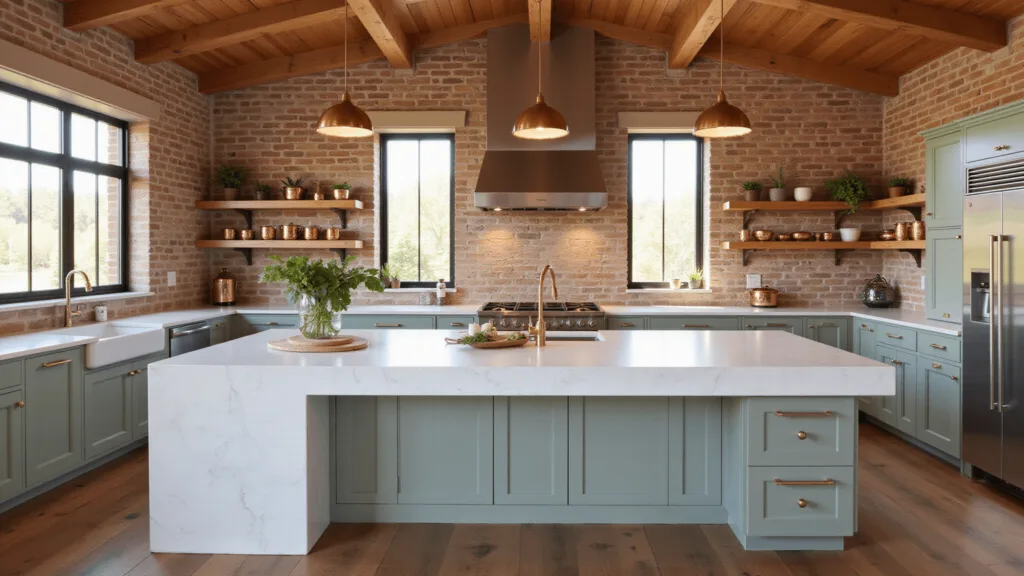"Sunlit rustic modern barndominium kitchen featuring wooden beams, quartz island, copper lights, sage green cabinets, stainless steel appliances, and vintage decor accents"