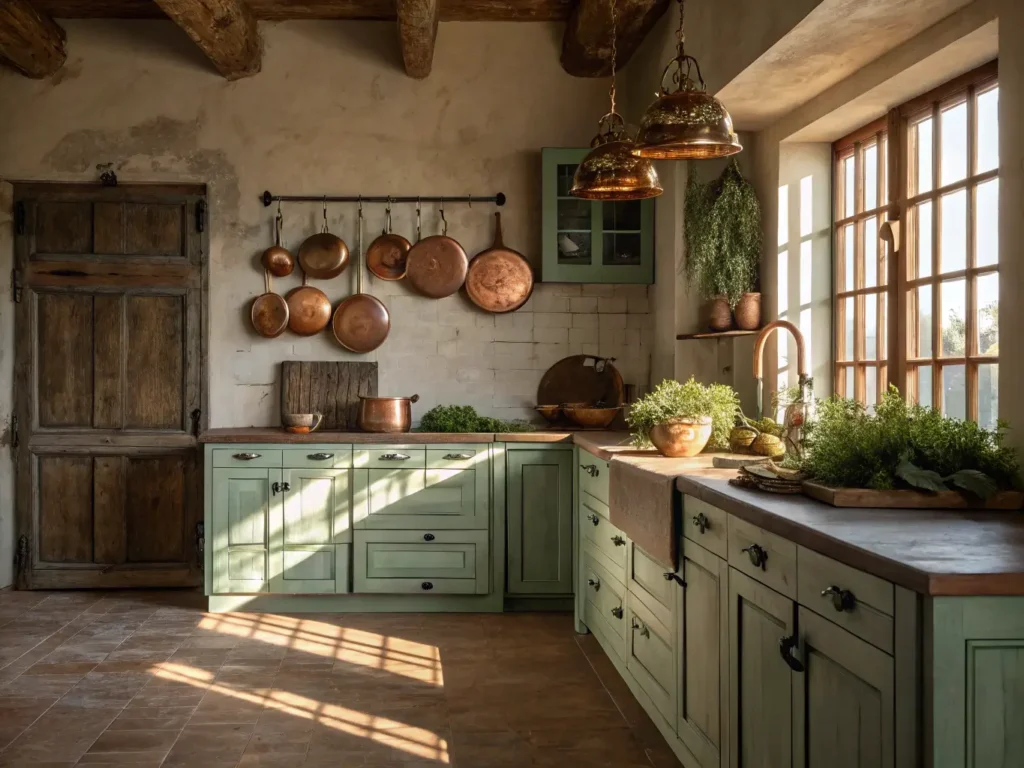 "Rustic kitchen interior with sage green cabinets, copper cookware, barnwood island with fresh herbs, and warm golden sunlight."