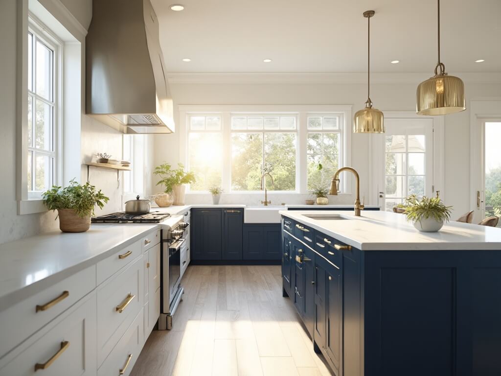 "Modern farmhouse kitchen with white Shaker-style cabinets, navy blue island, brass hardware, and white quartz countertops bathed in golden hour sunlight"