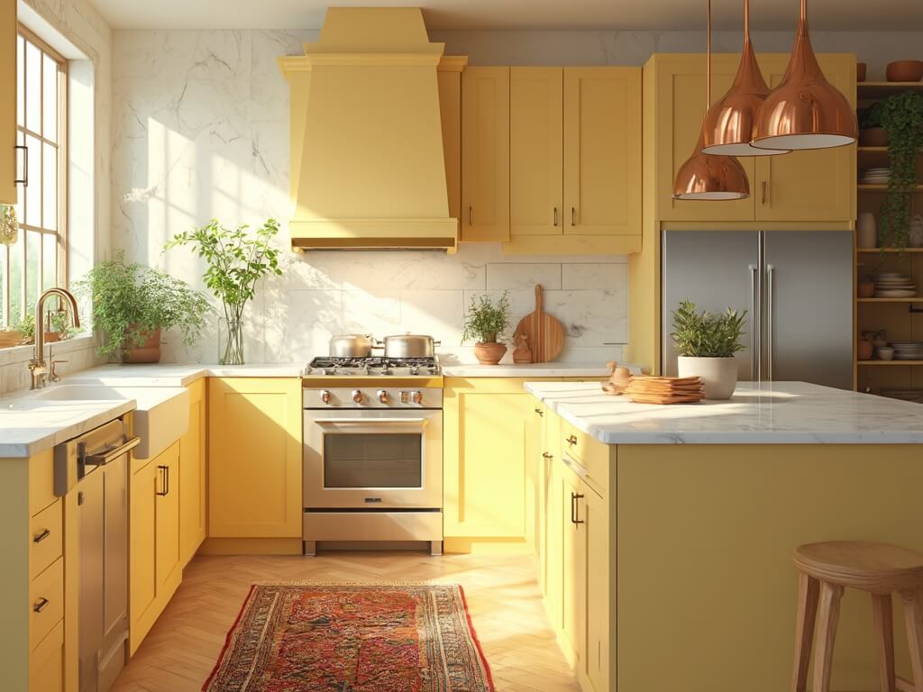 "Modern sunny kitchen interior with yellow cabinets, white quartz countertops, marble island, and stainless steel appliances"