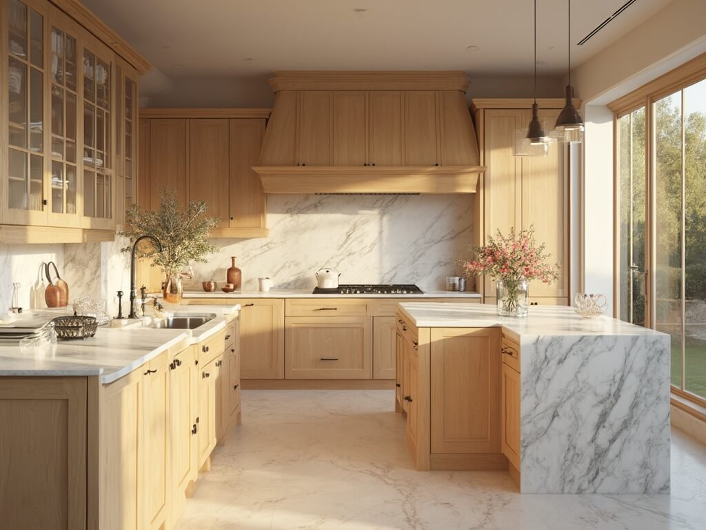 "Spacious transitional kitchen with alder wood cabinets, Carrara marble countertops, and morning sunlight streaming through large windows"