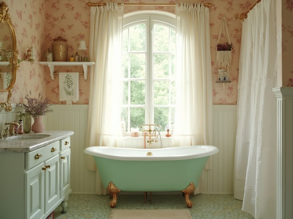 "Vintage bathroom with mint green clawfoot tub, Victorian arched window, floral wallpaper, marble vanity, and antique decor bathed in soft morning light."