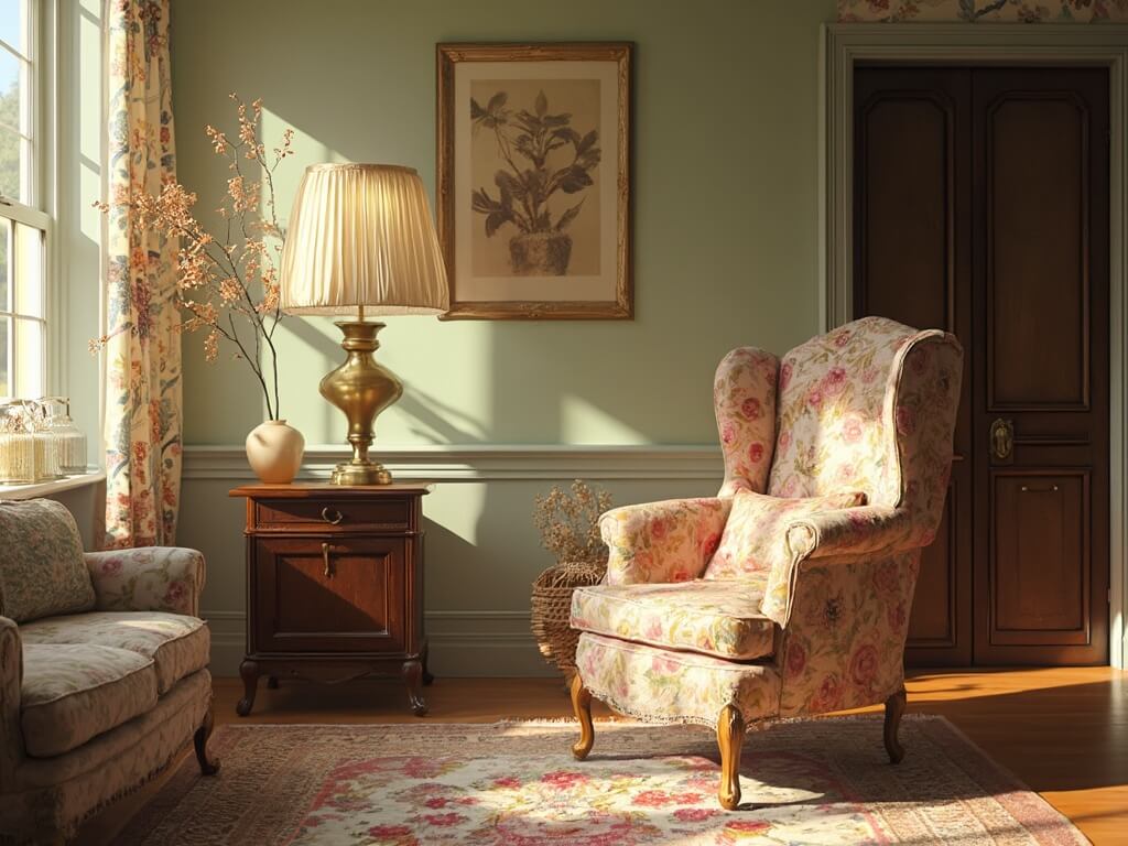 "Vintage granny chic living room with rose-patterned chair, antique decorations, floral wallpaper, and natural lighting"