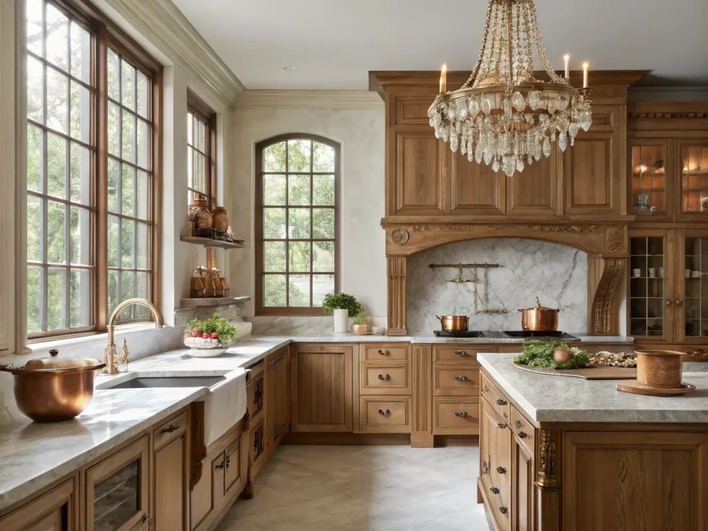 "Elegant oak kitchen cabinets with marble countertops and copper cookware under a crystal chandelier, bathed in natural morning sunlight streaming through windows"