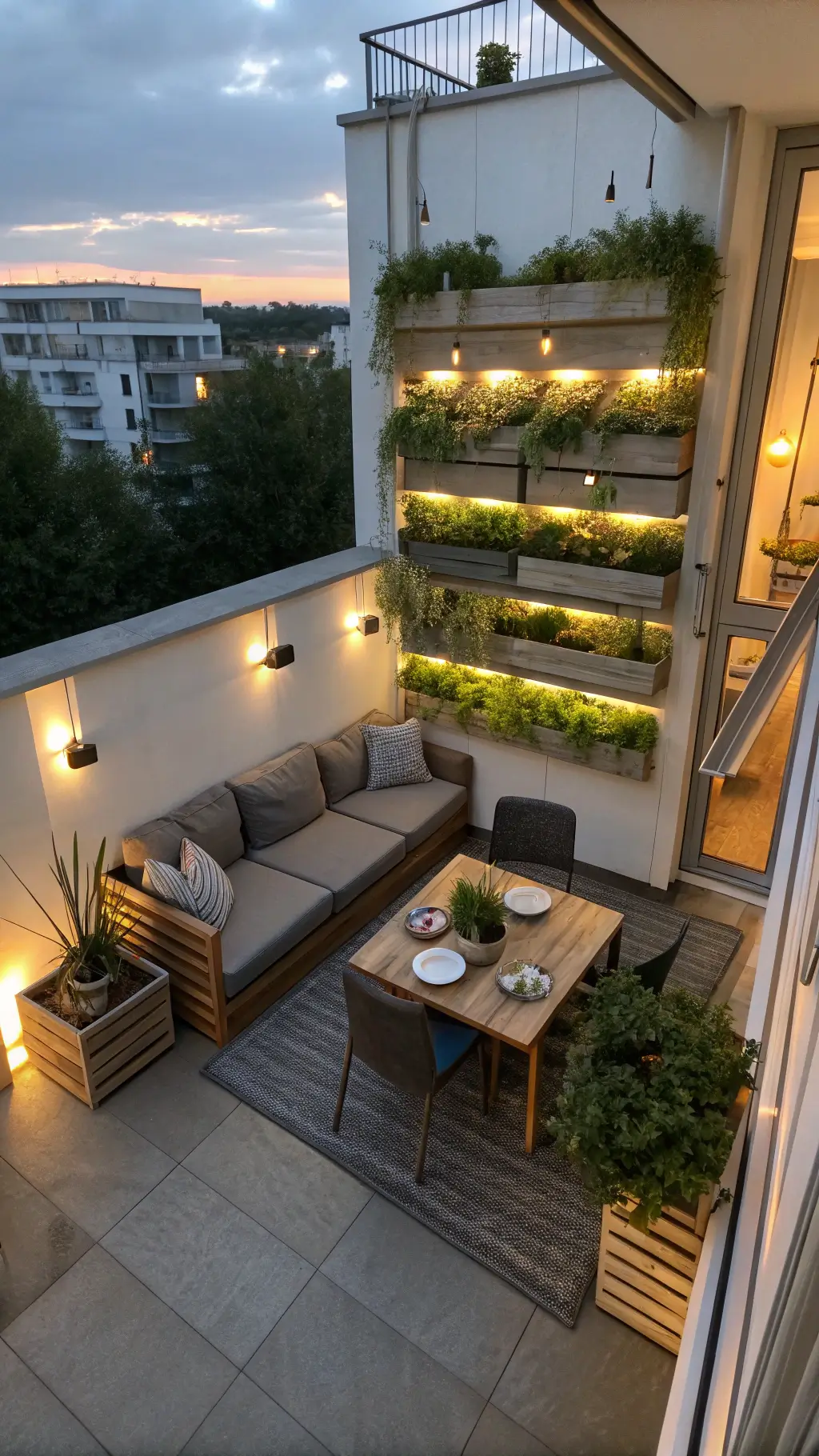 Dusk view of an 8x12ft balcony with modern furniture including a weathered teak sofa, white drop-leaf table, and a three-tiered vertical garden system lit by warm LED uplighting.