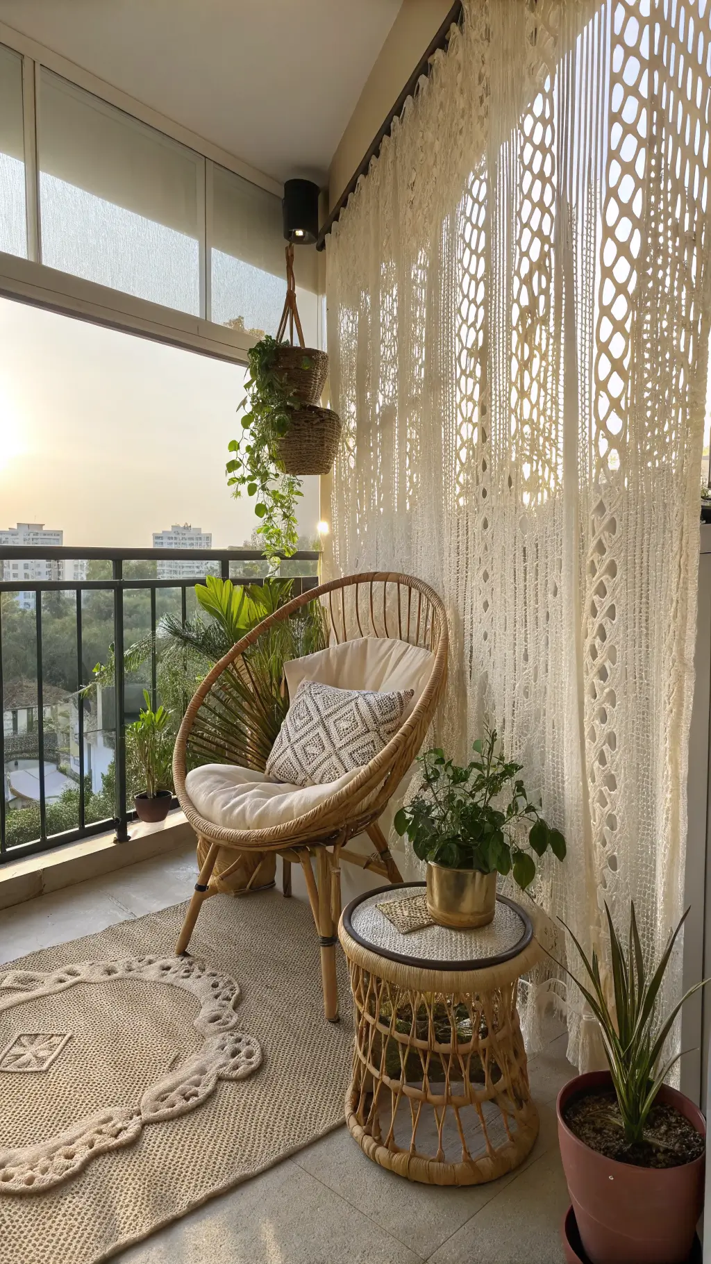 Boho-style balcony with macramé screens, rattan peacock chair, brass side table, and hanging plants, bathed in soft morning light.