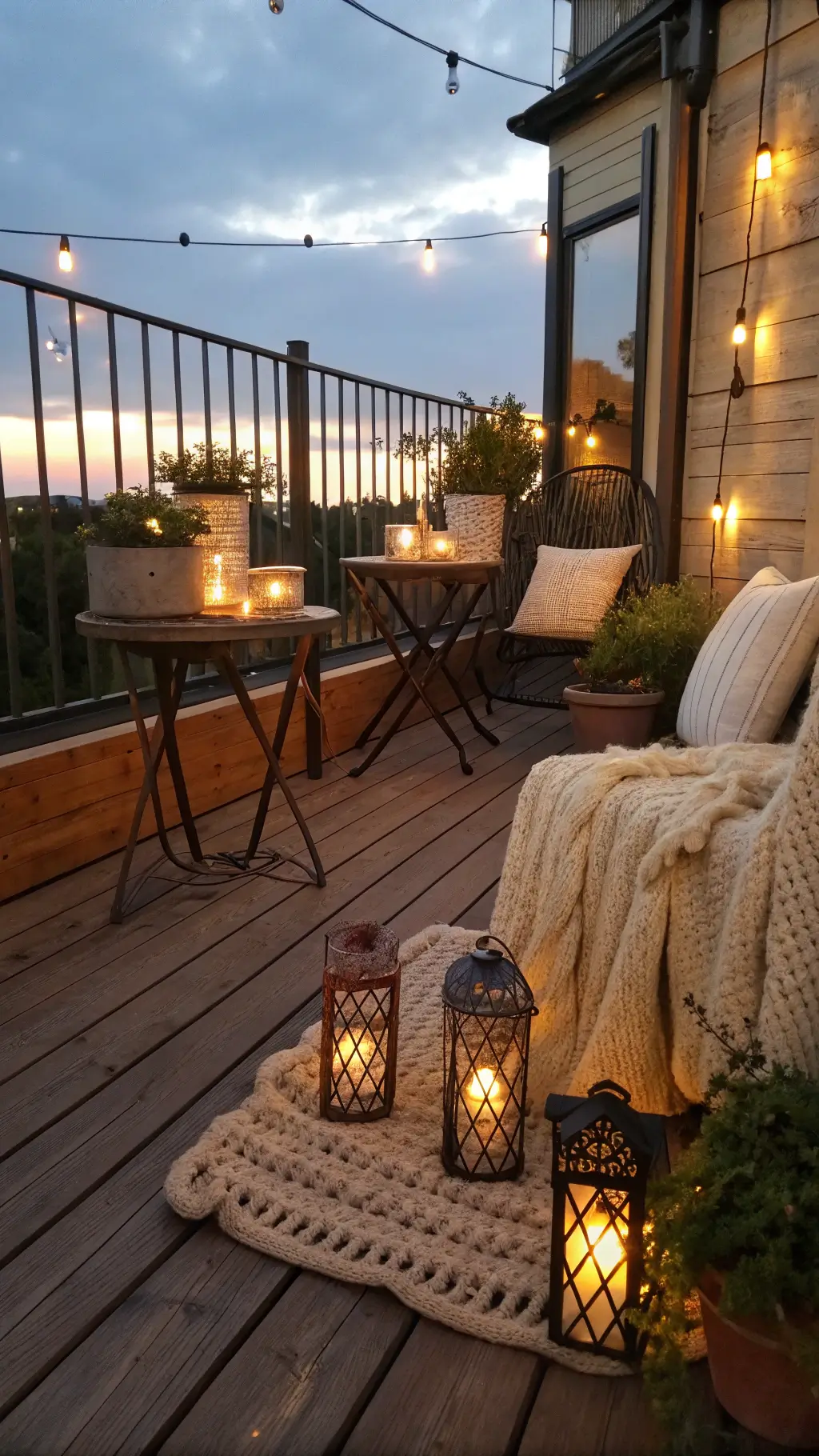 Rustic balcony with reclaimed wood deck, vintage lanterns, distressed metal bistro set with cream knit throws, and copper plant stands with herb garden in cozy twilight lighting