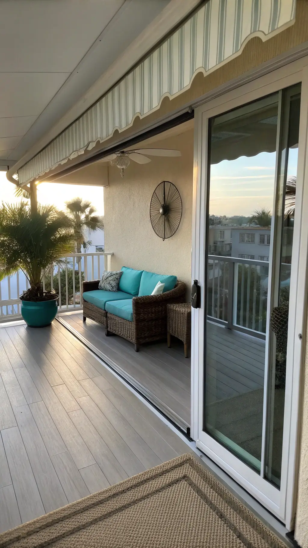 Sunlit 8x10ft balcony with vinyl flooring, modern wicker sectional with aqua cushions, retractable awning, portable misting fan and potted palms viewed from sliding door