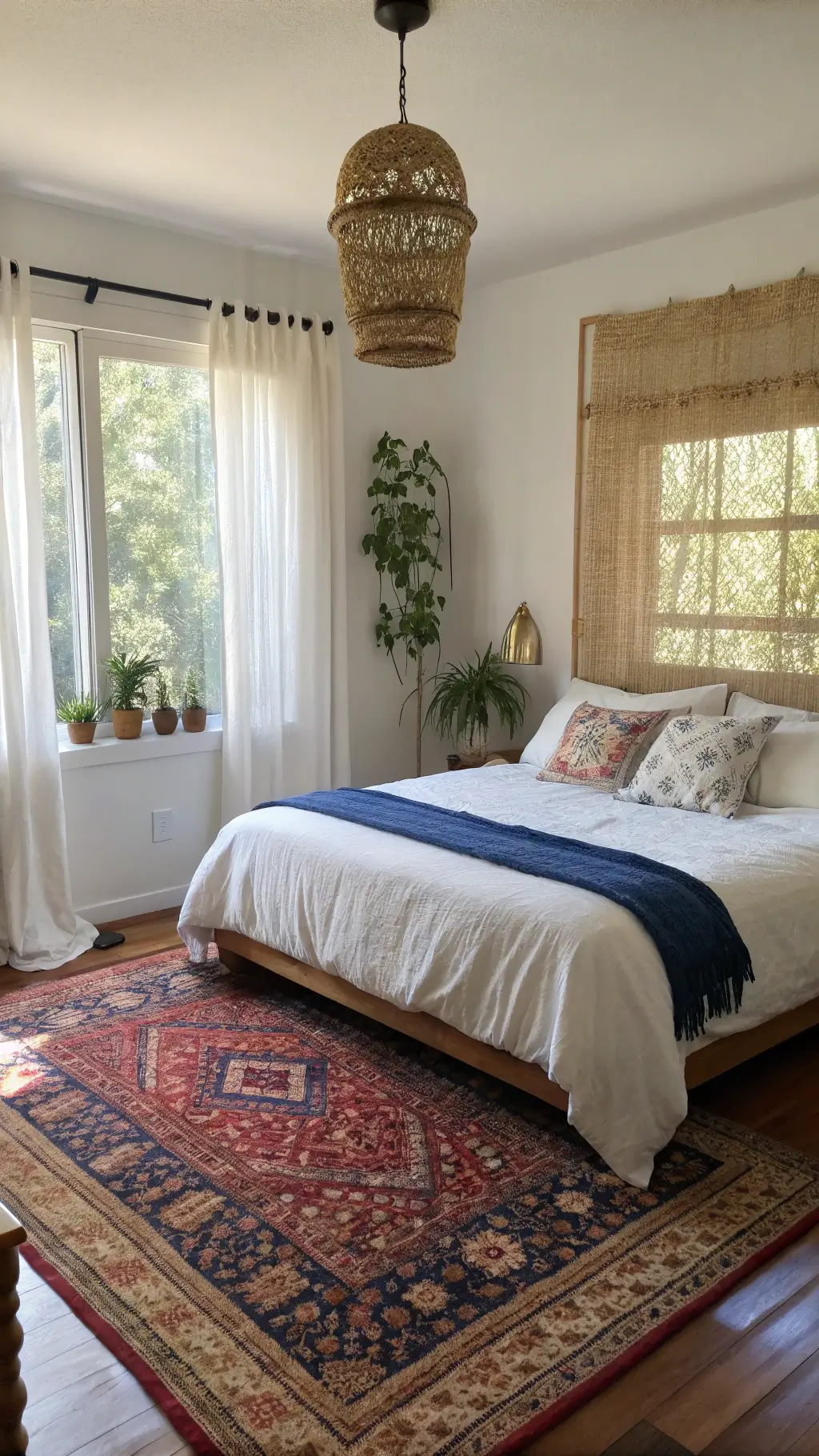 Cozy bedroom with bamboo beaded curtains, a platform bed with white linens and indigo throws, vintage Persian carpet, <a href=
