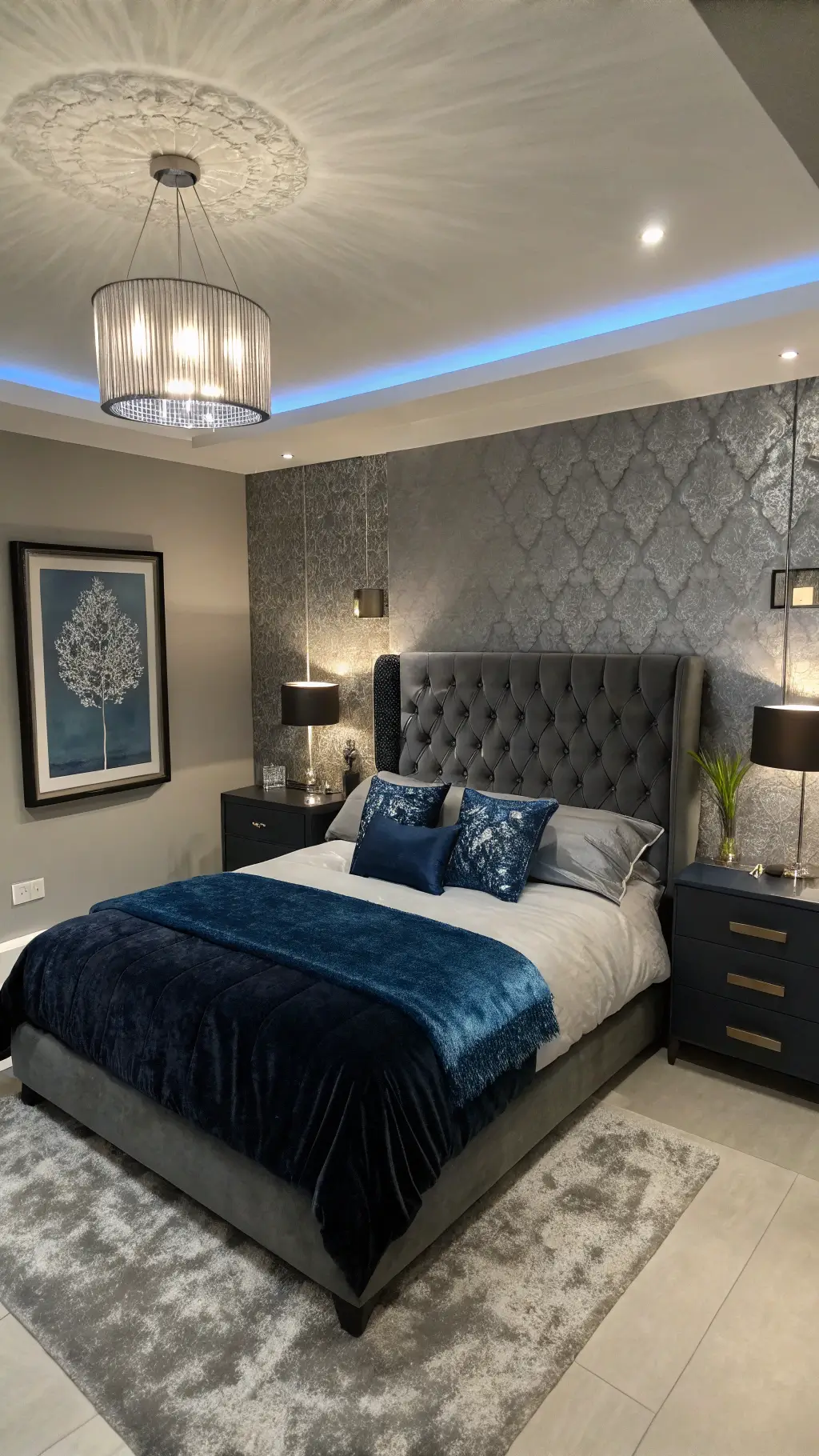 Elevated corner view of an intimate 10x12ft bedroom at dusk, featuring matte charcoal walls and a textured silver wallpaper, queen bed with black velvet duvet and electric blue silk pillows, chrome pendant lights, blue LED underglow, abstract silver and blue canvas, mirrored nightstands with crystal lamps, and a white faux fur rug.