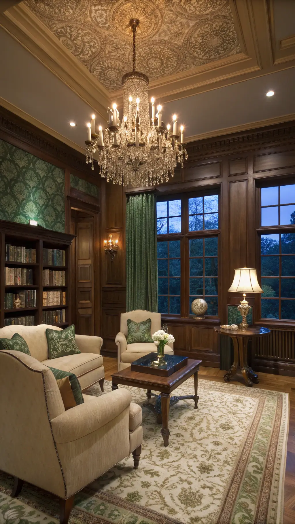Luxurious library-style sitting room with crystal chandelier, dark walnut wainscoting and emerald silk damask wallpaper, cream linen sofas and antique coffee table, floor-to-ceiling windows with ivory silk drapes, and vintage globe bar cart, illuminated by blue hour light and warm interior lighting.