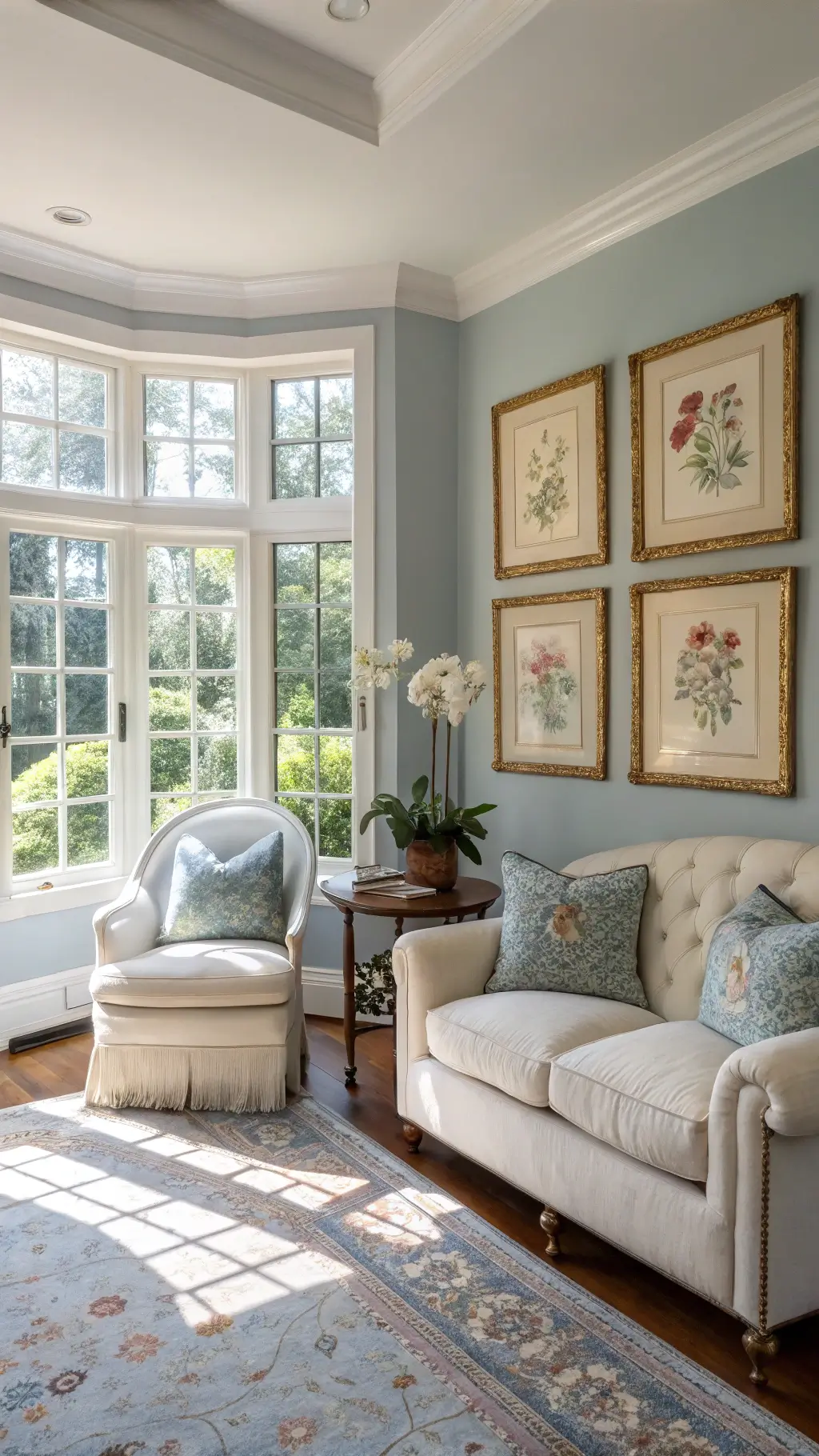 Bright and airy sun-filled morning room featuring pale blue-grey walls, antique botanical prints in gold frames, oatmeal linen sofa, powder blue velvet bergère chairs, layered rugs, and white orchids in chinoiserie pots with a beautiful garden view through a bay window.