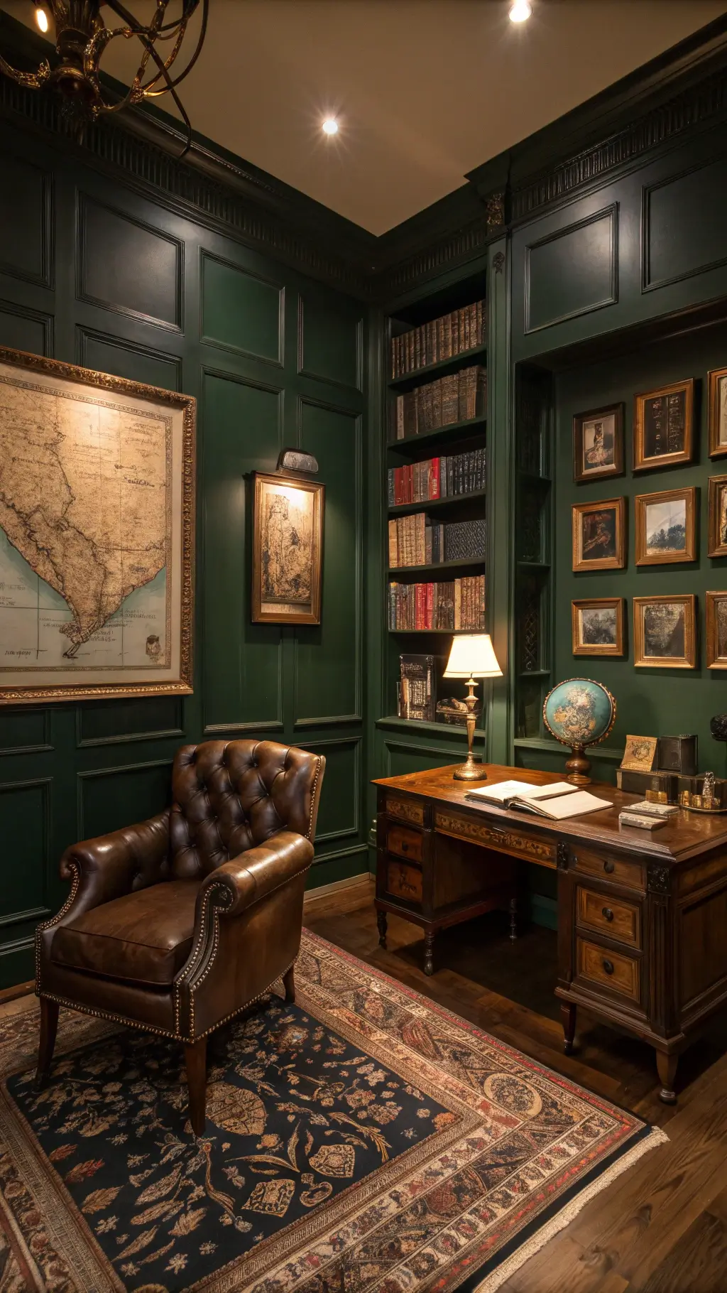Twilight-lit study with hunter green lacquer walls, antique maps and etchings, mahogany desk, leather armchair and oriental rug, creating a moody, intimate space.