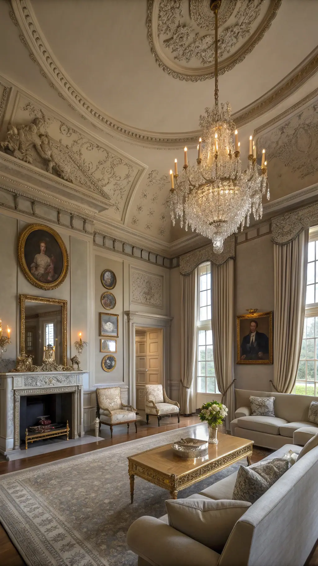 Elegant 22x28ft salon at golden hour with dove grey silk walls, stone fireplace, antique crystal chandelier, linen sofas, champagne silk curtains, and family oil portraits.