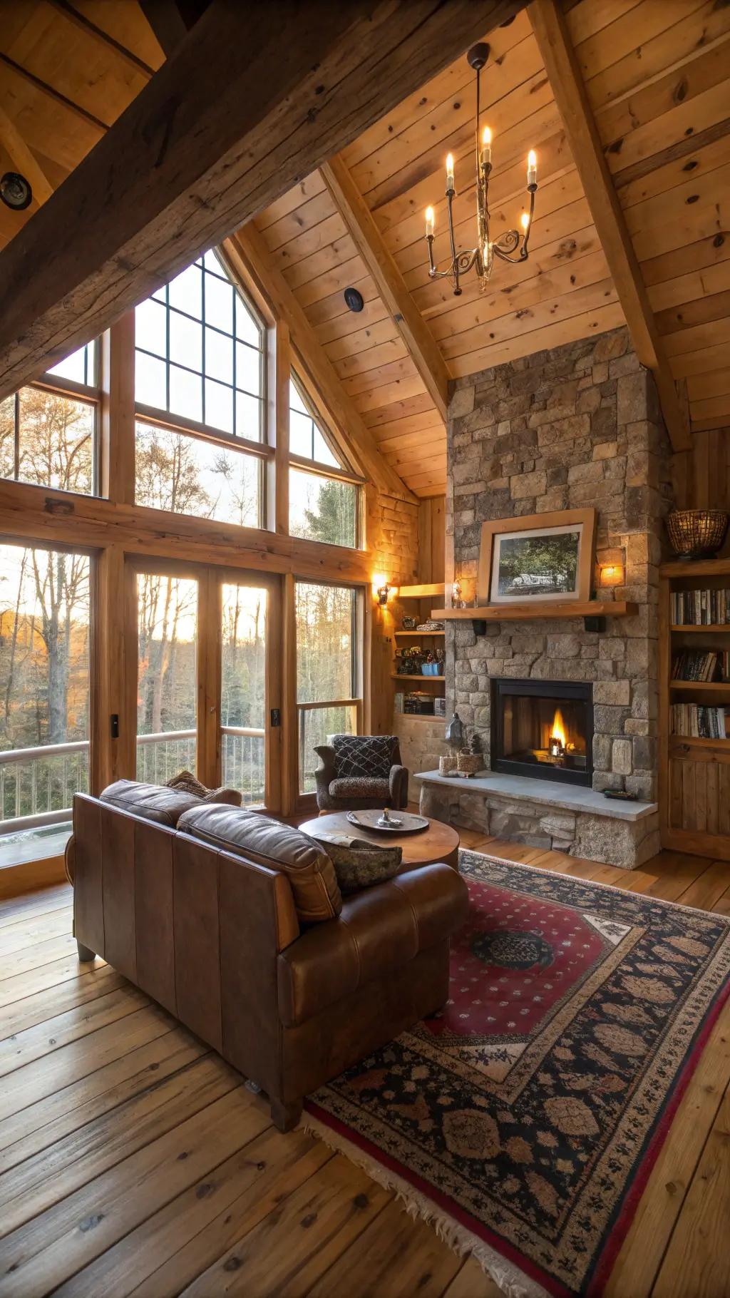 Vintage rustic cabin living room featuring leather sofa, stone fireplace, and industrial pipe shelving, bathed in natural golden hour light through floor-to-ceiling windows.