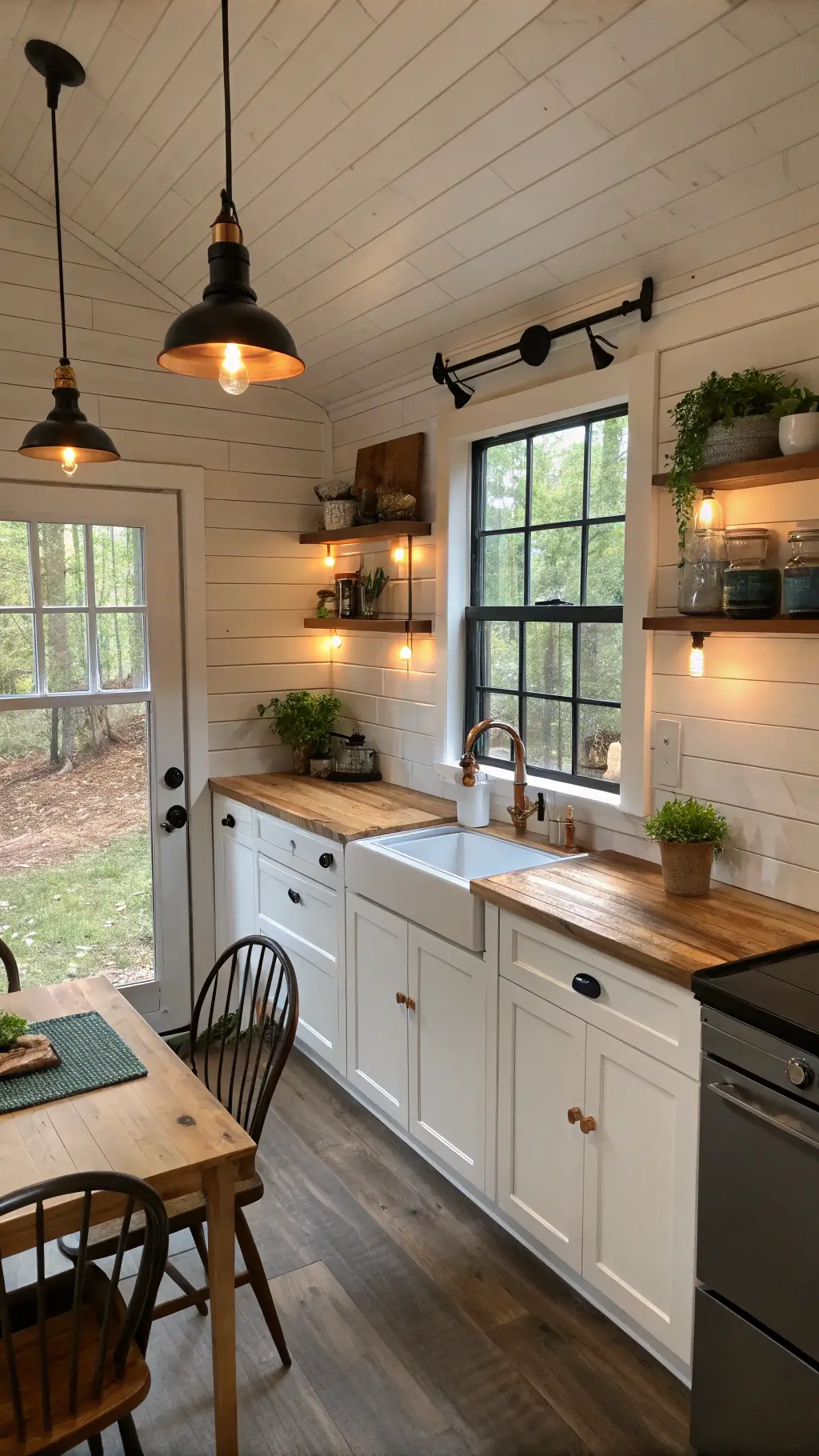 Cosy 10x12ft cabin kitchen with white shaker cabinets, butcher block counters, copper accents, matte black fixtures and herb garden on windowsill in morning light