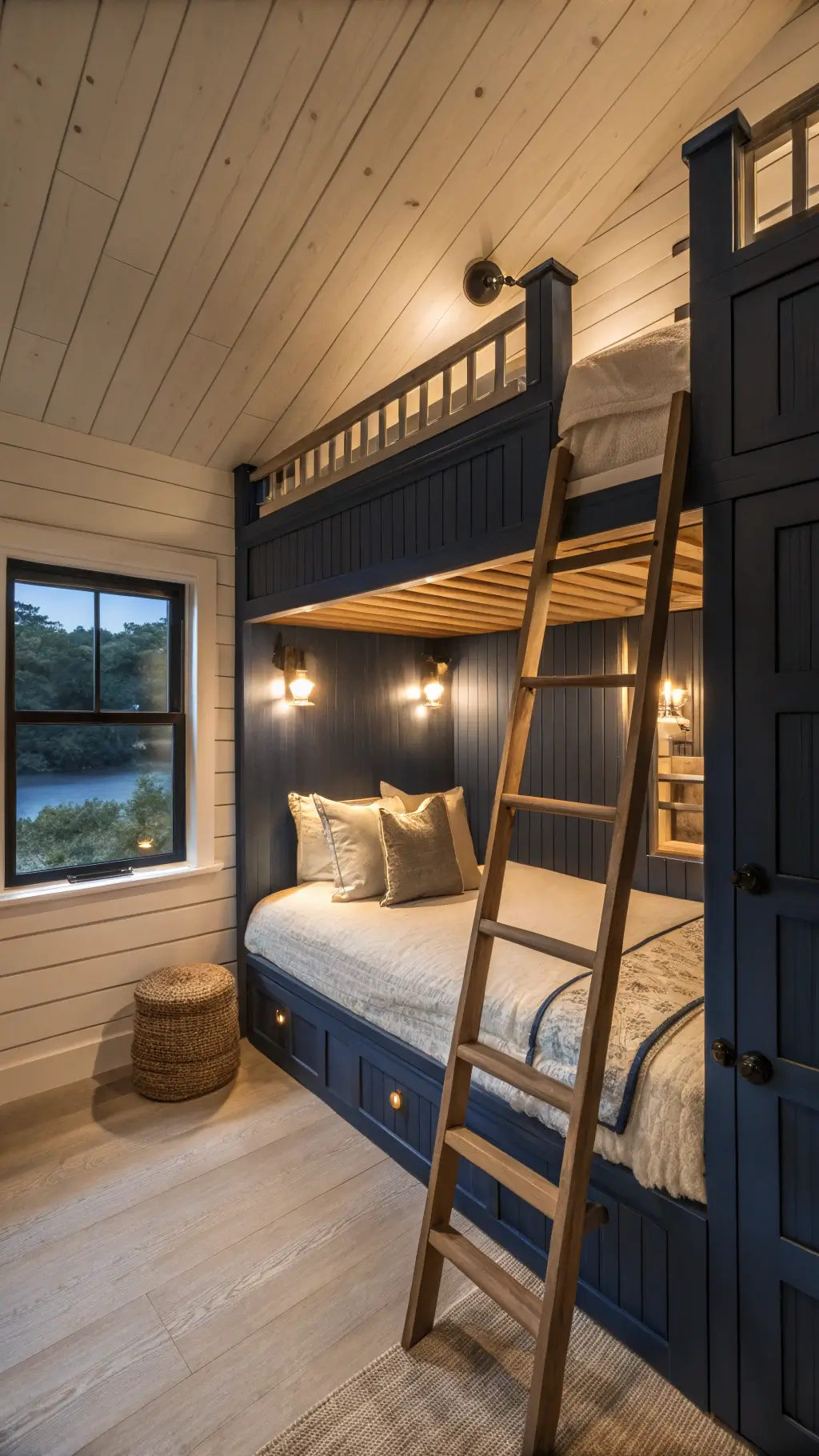 Low-angle shot of 8ft tall built-in bunk bed nook with navy board and batten walls and cream toned linen bedding, illuminated by integrated lighting and leather reading lights during blue hour, featuring rope ladder and cedar plank ceiling