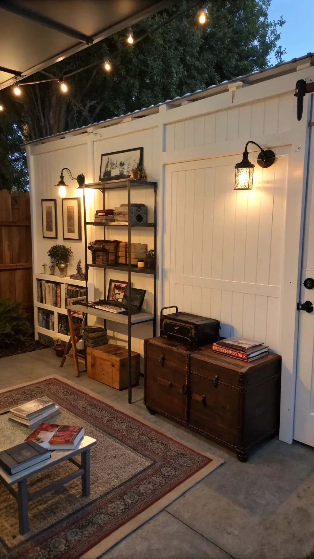 Industrial-style studio space at dusk with a hidden Murphy bed, a compact desk, pipe shelving full of books, a vintage trunk coffee table and moody Edison bulb lighting