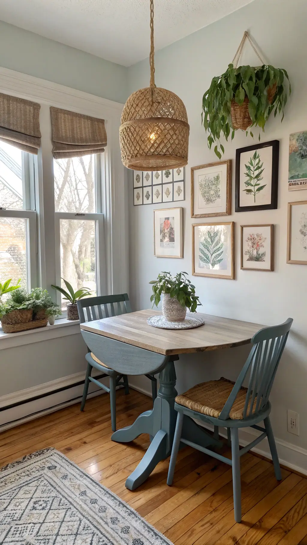 Bright breakfast nook with distressed pine table, slate blue Windsor chairs, botanical prints on gallery wall, and macramé plant hangers under woven pendant light.