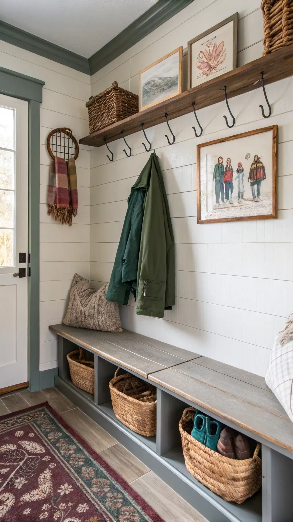 Crisp detailed image of a 5x7ft entryway mudroom in afternoon light featuring custom gray shiplap hooks, bench, copper wire baskets, wool throws in forest green and burgundy and vintage snowshoes with botanical artwork.