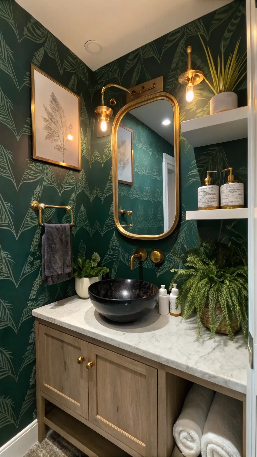 Emerald green powder room with brass fixtures, marble vanity and vintage-style mirror captured at golden-hour.